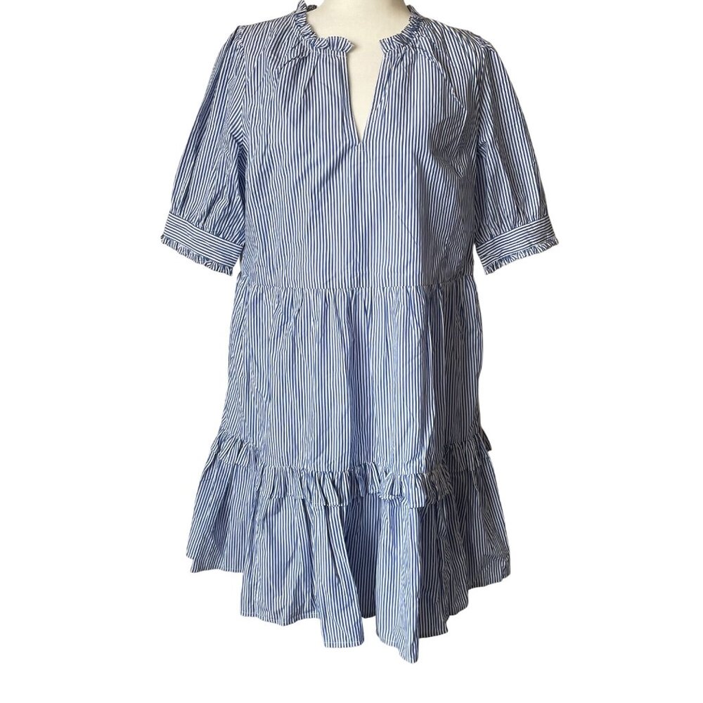 NWT J.Crew Womens Blue & White Striped Tiered Ruffle Dress Half Sleeves Split Ne